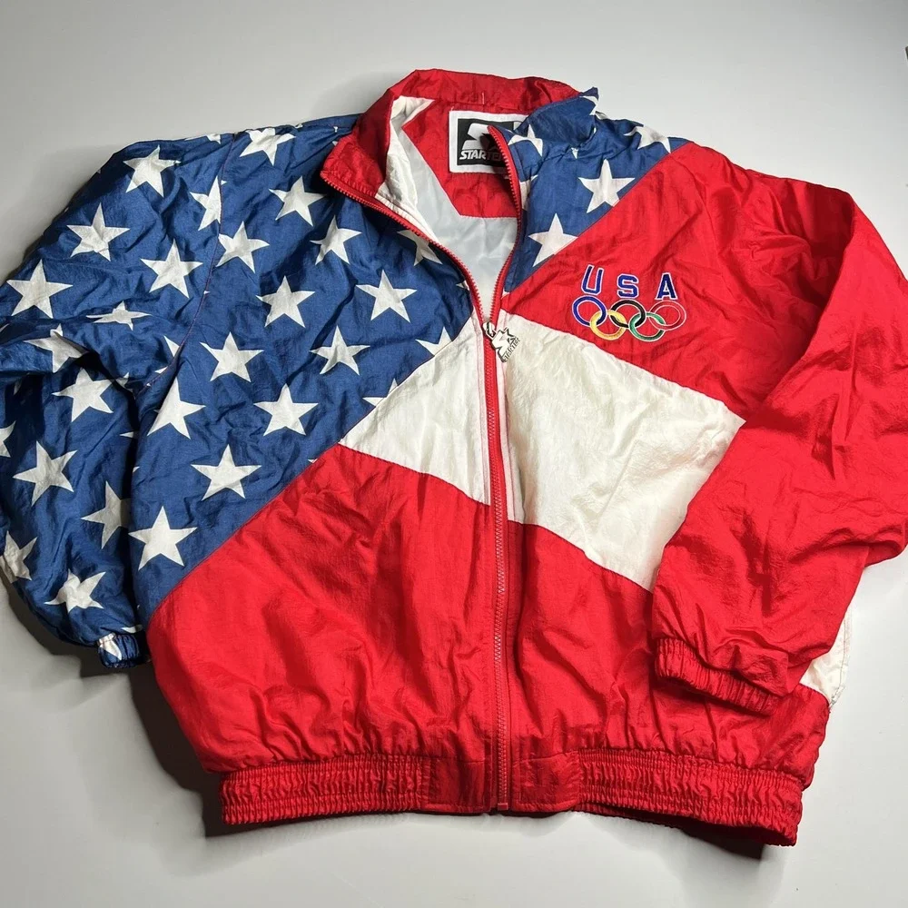 Vintage Starter USA Olympic Team Windbreaker Jacket Red White Blue Stars Mens L